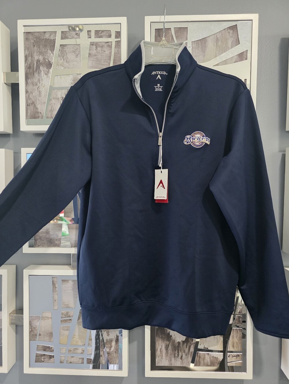 Antigua Navy Pullover with White Trim and Embroidered Patch. M